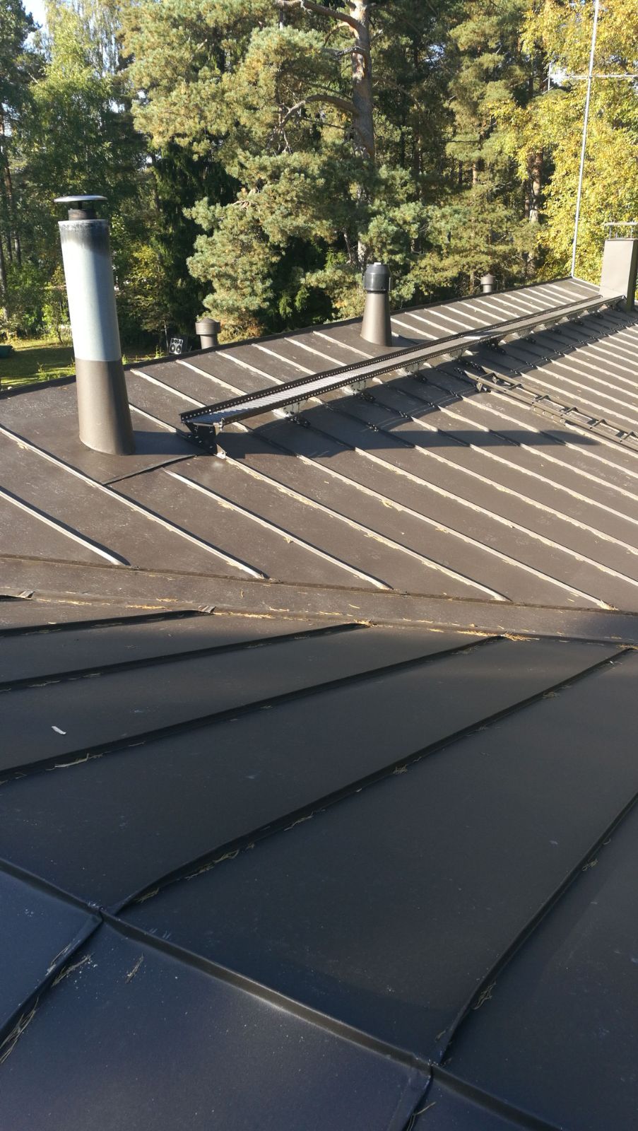 Musta metallinen katto, jossa kaksi savupiippua ja lumieste, taustalla puita.