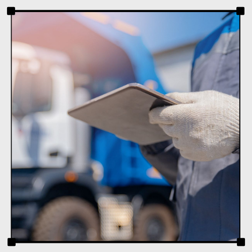 Un hombre sostiene una tableta delante de un camión.
