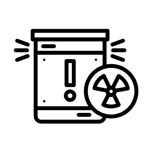 Un icono en blanco y negro de un teléfono celular con un signo de exclamación y un símbolo de radiación.
