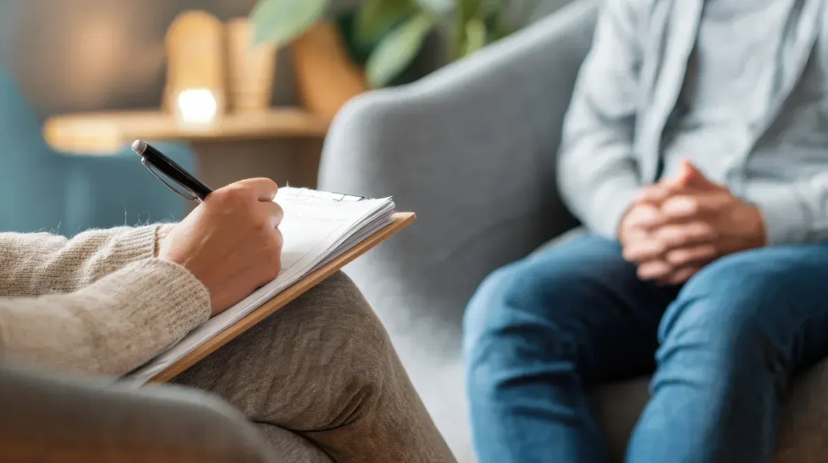 Terapeuta tomando notas durante una sesión con un paciente. Enfoque en las manos y el cuaderno.