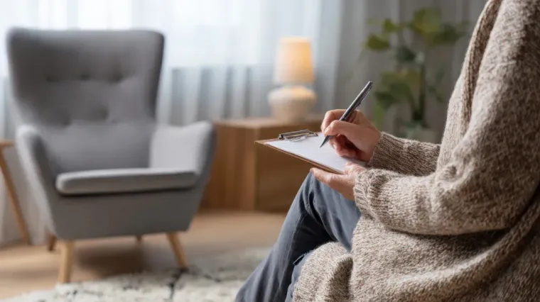 Persona escribiendo en una libreta, sentada en una habitación con sillón, lámpara y ventana.