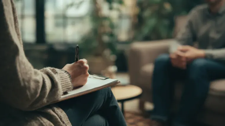 El terapeuta toma notas en una tablilla mientras el paciente está sentado en un sofá en un consultorio.