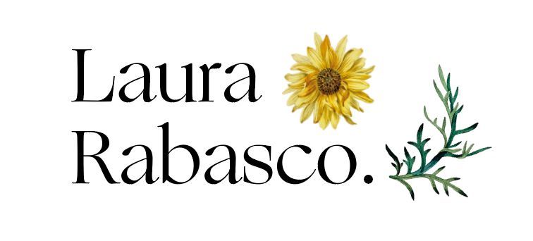Logotipo de Laura Rabasco con girasol amarillo y hojas verdes.