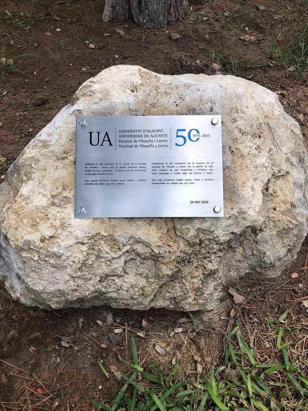 Una placa conmemorativa de metal sobre una roca rugosa de color claro, en un entorno exterior de tierra y césped.