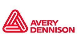 Un logotipo rojo para Avery Dennison que presenta un símbolo geométrico triangular junto al nombre de la empresa en una fuente roja en negrita.
