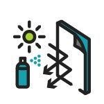 Un icono que muestra un bote de aerosol, un sol y una película protectora que bloquea los rayos UV, simbolizando un spray de protección UV.