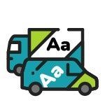 Icono que muestra un camión y una furgoneta de reparto de color verde azulado y verde lima con las letras 