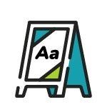 Un cartel publicitario de color verde azulado con las letras 