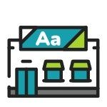 Un icono estilizado de un edificio con un gran letrero que muestra 