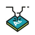 Un icono que representa la punta de un brazo robótico apuntando a una ficha cuadrada de color verde azulado con el texto 