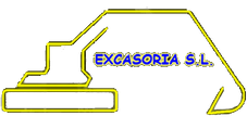 Dibujo lineal amarillo de la silueta de una excavadora con el texto "EXCASORIA SL" en letras azules centrado en el medio.