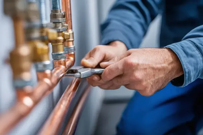 Fontanero utilizando una llave inglesa en tuberías de cobre en una sala de máquinas, vestido con un mono azul.