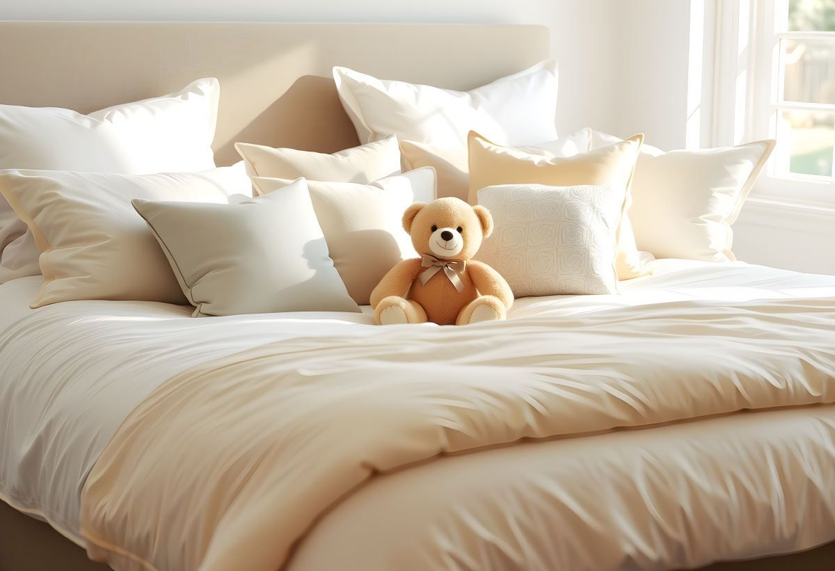 Osito de peluche sentado en una cama con múltiples almohadas y un edredón color crema.