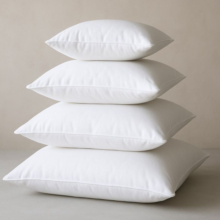 Cuatro almohadas blancas y cuadradas apiladas una encima de otra.