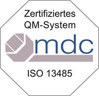 The logo for zertifiziertes qm-system mdc iso 13485.