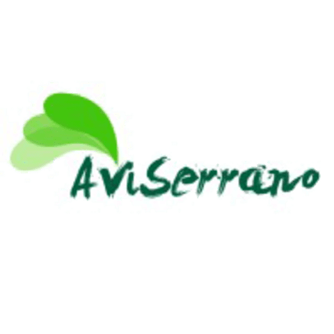 Un logotipo para Aviserano con una hoja verde sobre un fondo blanco.
