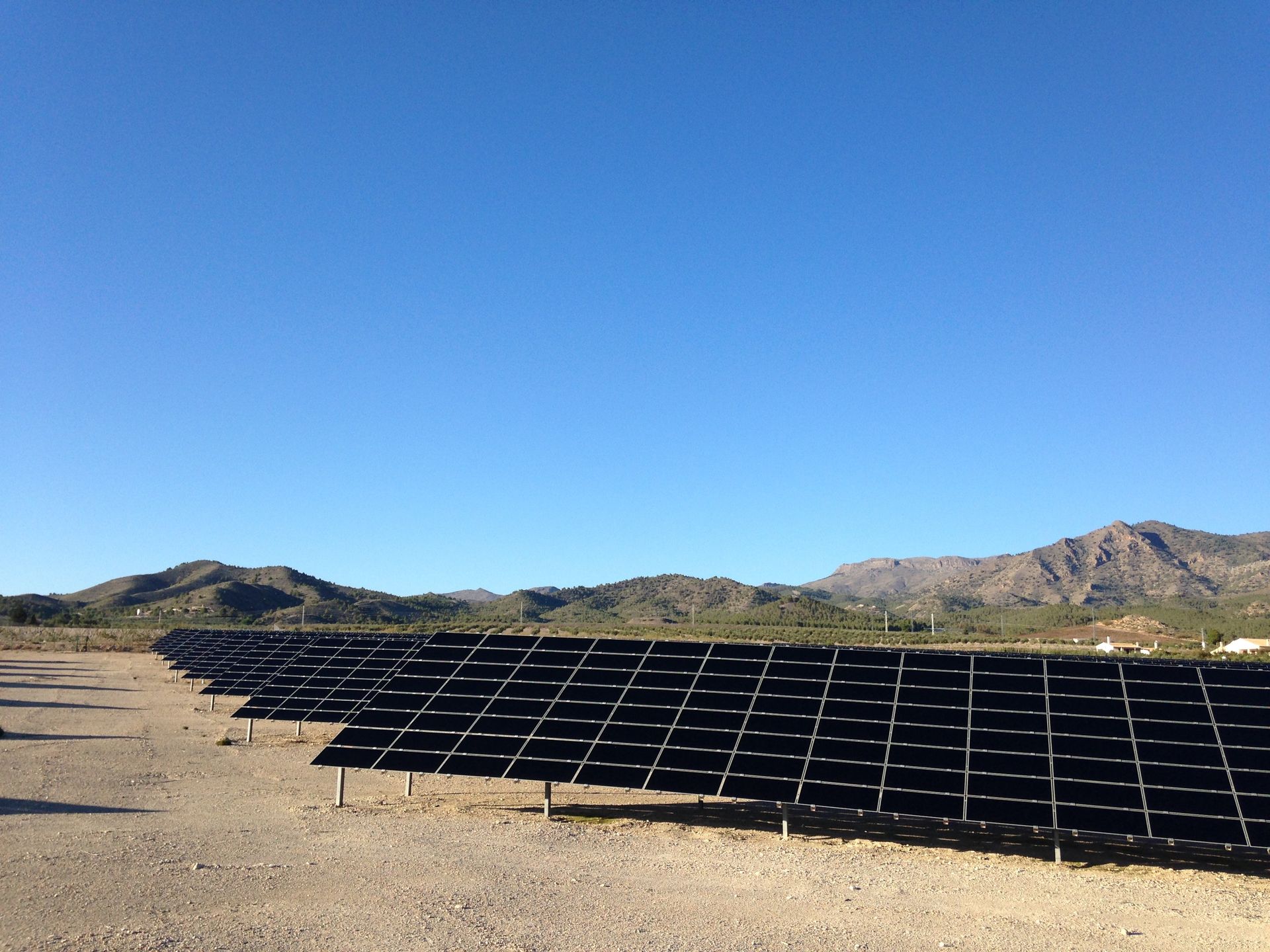 Una fila de paneles solares en un campo con montañas al fondo