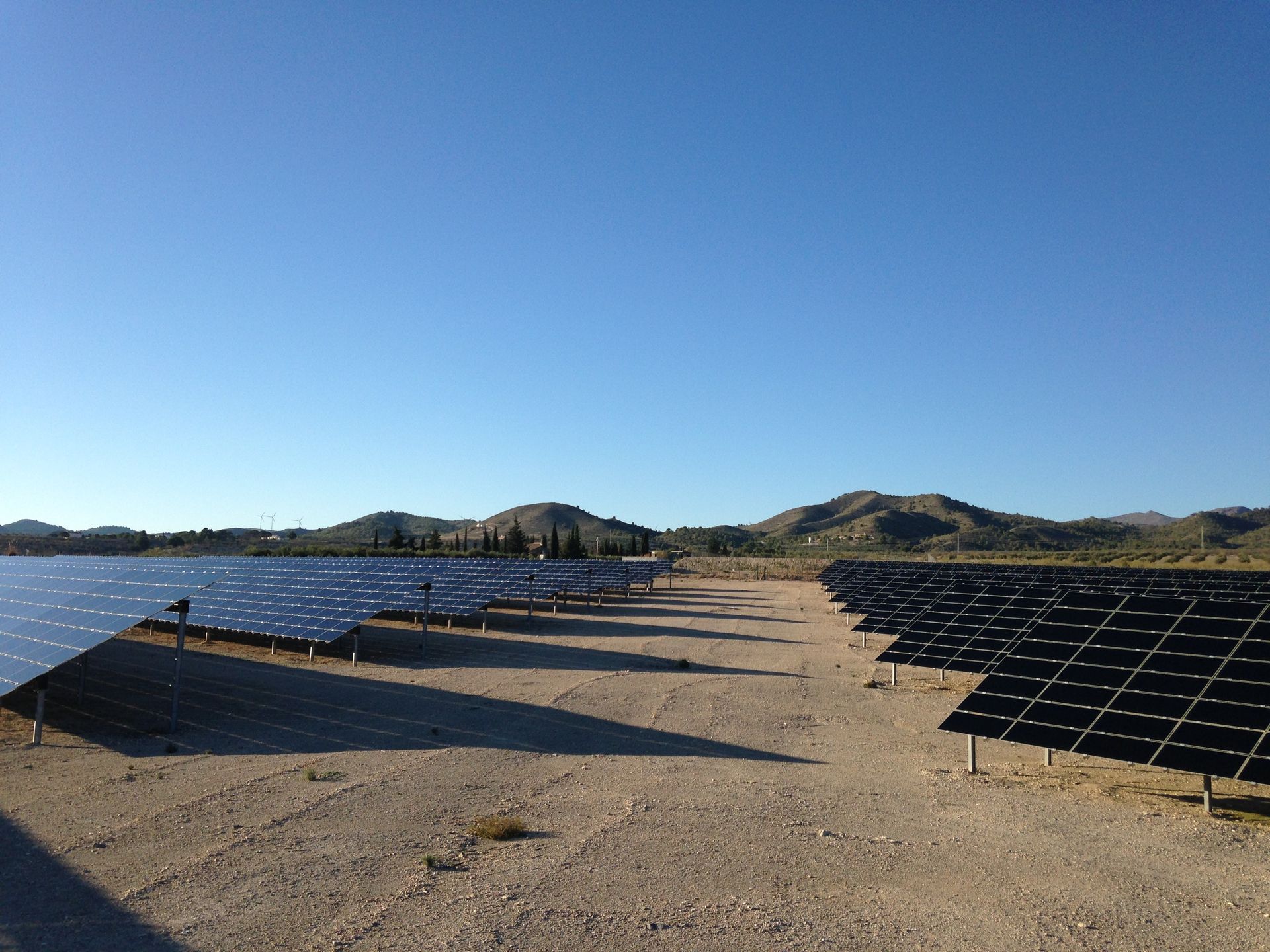 Una fila de paneles solares ubicados junto a un cuerpo de agua.
