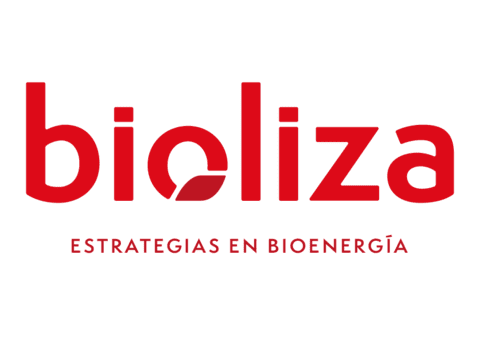A red and white logo for bioliza estrategias en bioenergia