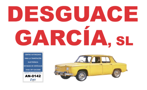 Un coche amarillo está en un cartel que dice desguace garcia sl