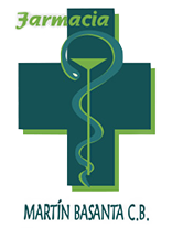 Logotipo de farmacia verde con una cruz y una serpiente entrelazadas alrededor de un bast&oacute;n; "Farmacia" y "MARTIN BASANTA CB"