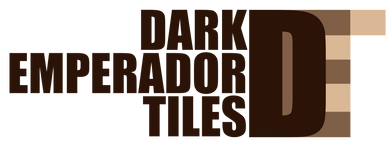 Logotipo para "Dark Emperor Tiles", texto marrón con "D" y "T" marrones grandes superpuestas con cuadrados color canela.