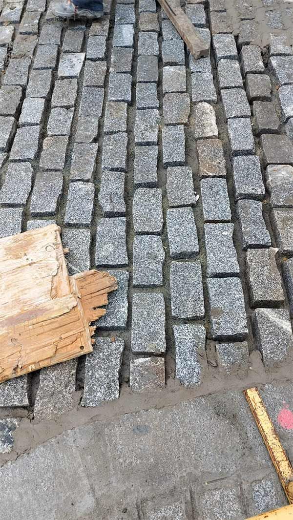 Camino de adoquines en construcción, piedras grises colocadas en mortero.