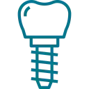 Icono de implante dental: contorno azul de un diente unido a un tornillo.