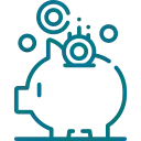 Alcancía de color verde azulado con monedas que se depositan.