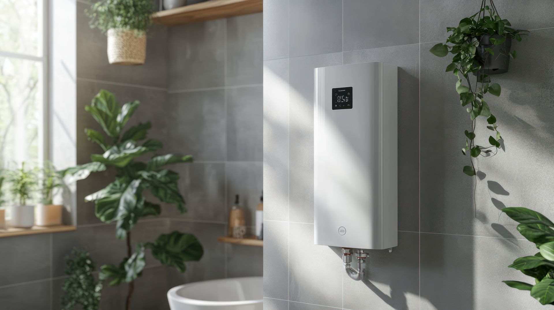Chauffe-eau électrique blanc sur un mur gris de salle de bains, entouré de plantes et baigné de lumière naturelle.