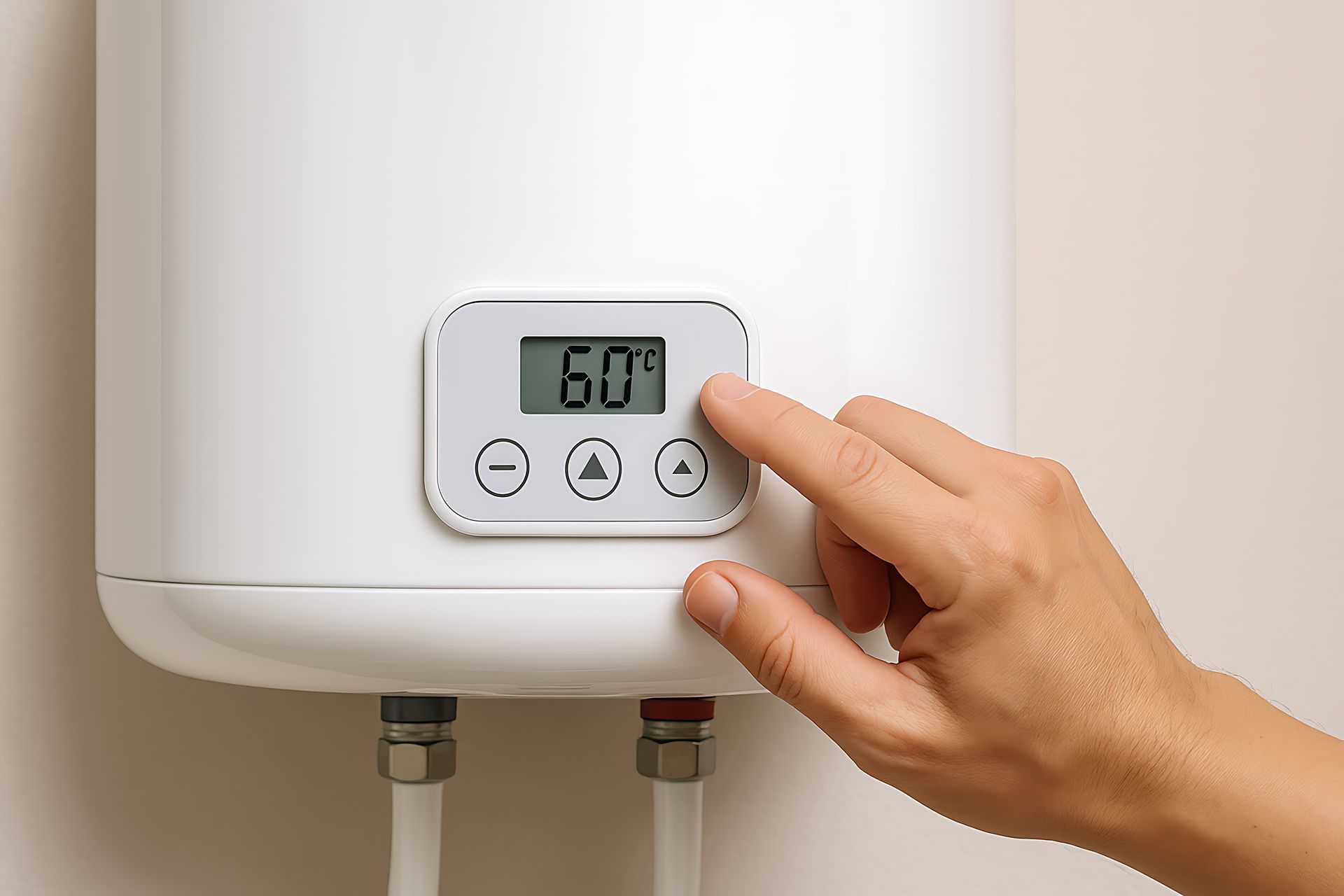 La main d'une personne ajuste la température d'un chauffe-eau blanc indiquant 60 degrés.