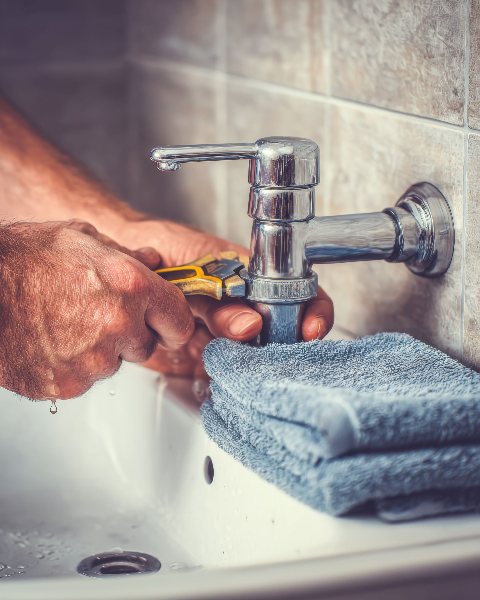 Des mains serrent un robinet avec une clé au-dessus d'un lavabo blanc, une serviette grise se trouve à proximité.