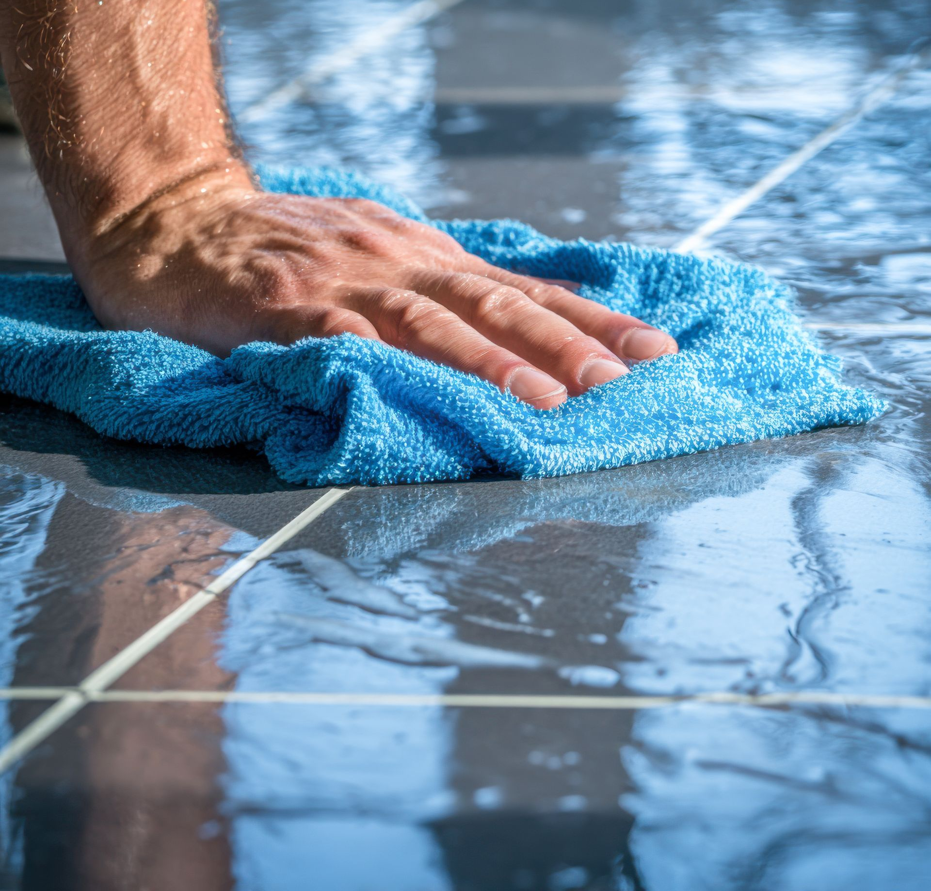 Essuyage d'un sol carrelé foncé et humide avec un chiffon bleu.