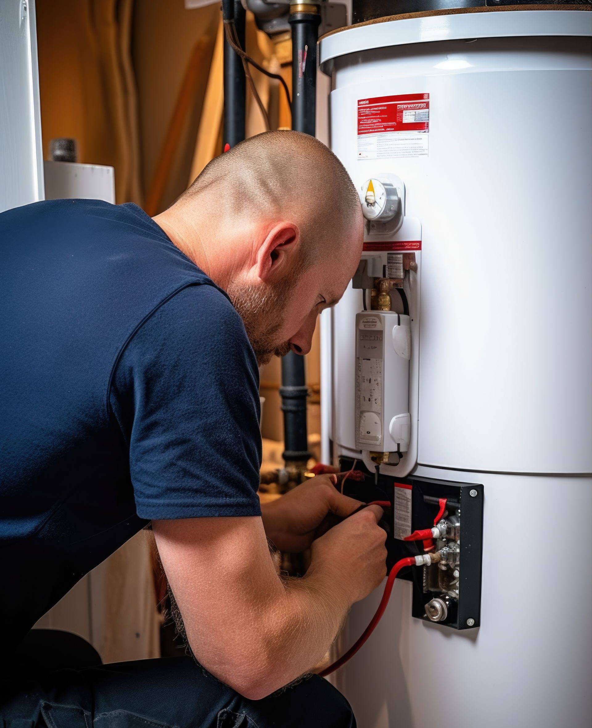 Un homme utilise un outil pour inspecter un chauffe-eau dans une buanderie.