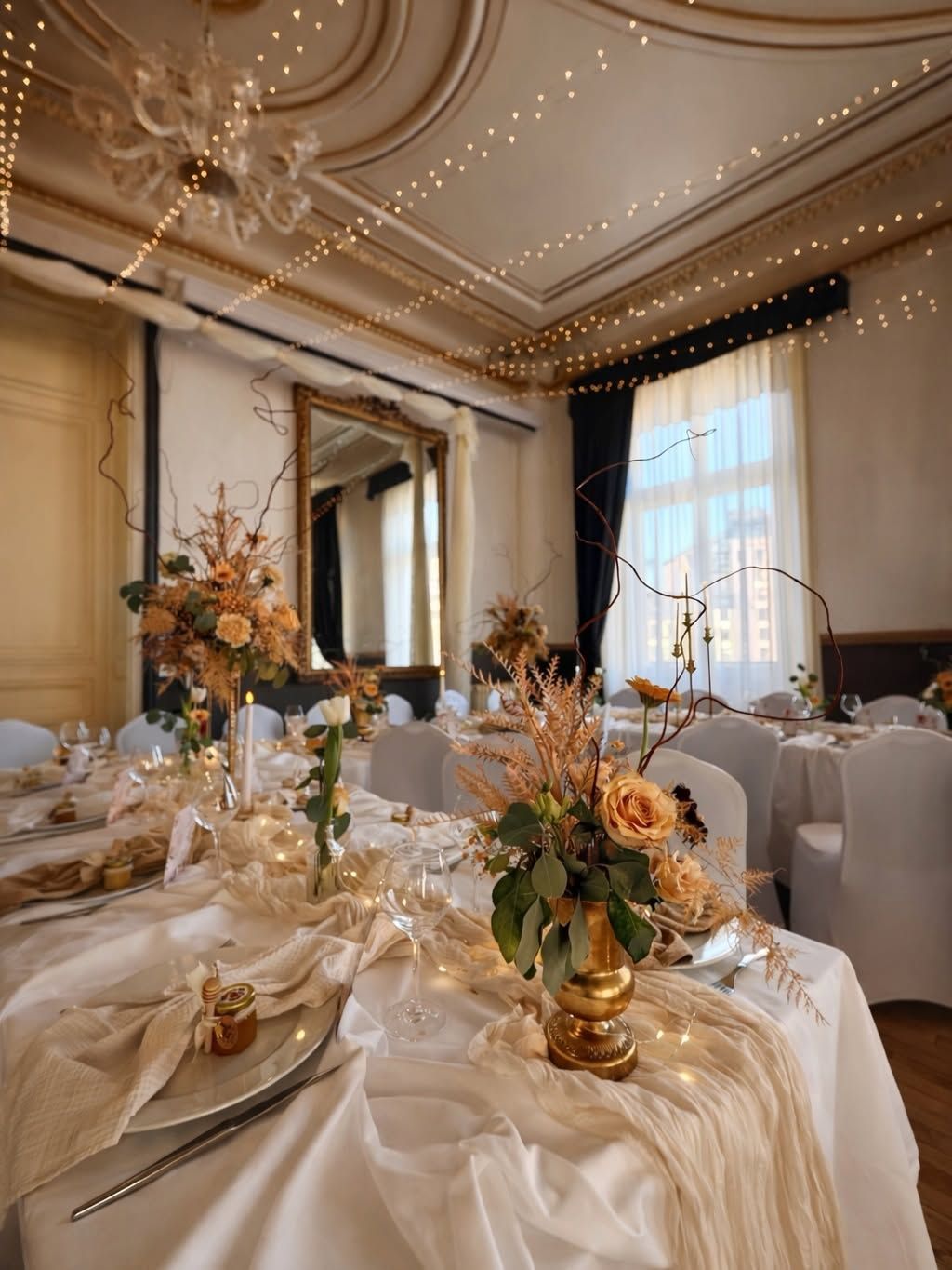 Une salle de réception décorée avec des guirlandes lumineuses au plafond.