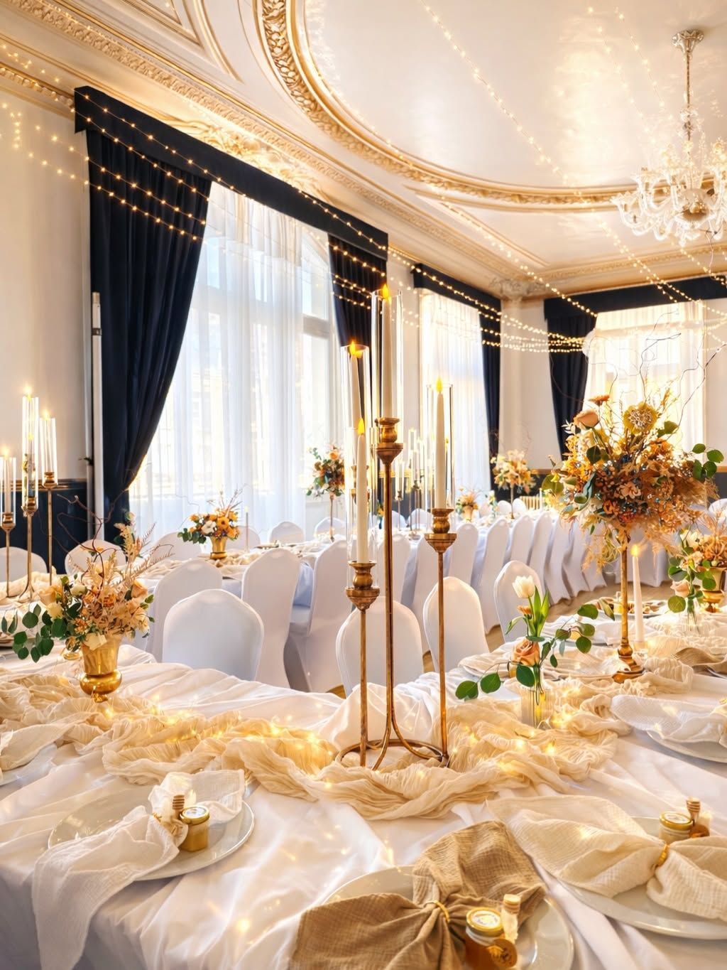 Élégante table de réception de mariage ornée de fleurs dorées, de nappes blanches et de bougies.