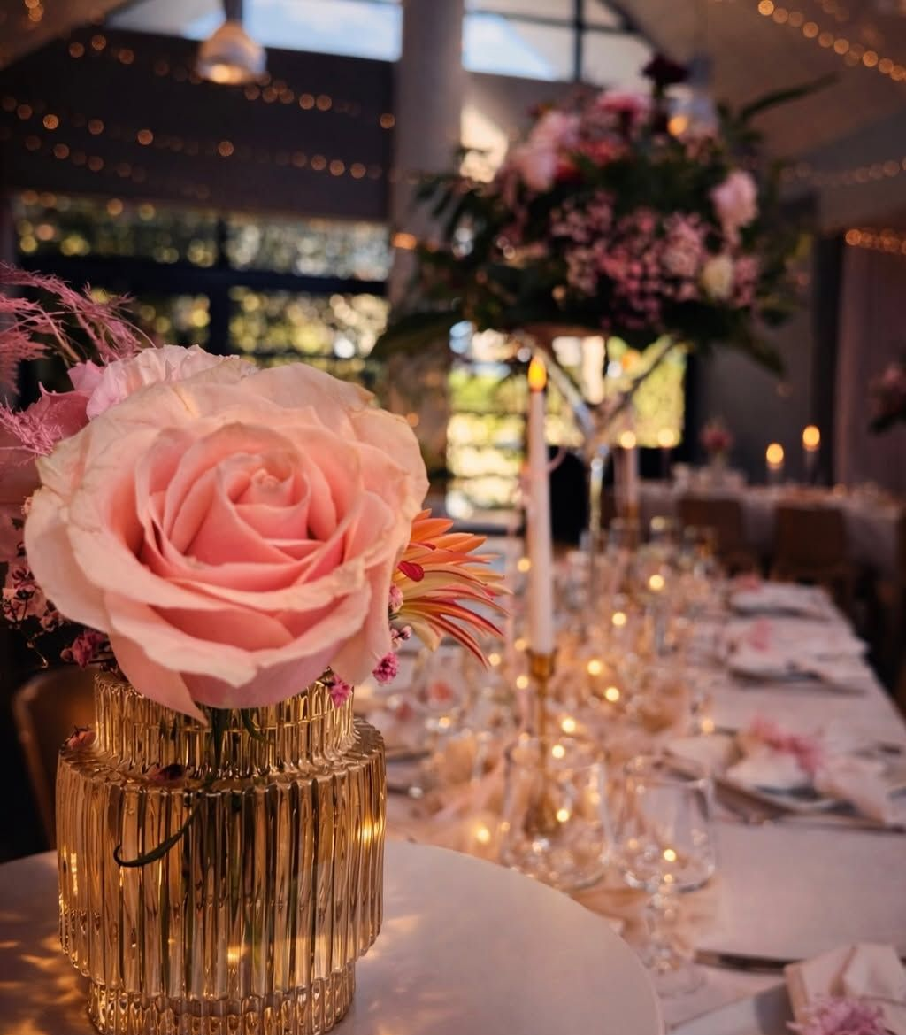 Centre de table composé de roses dans un vase doré, sur une table de banquet éclairée ornée de décorations florales.