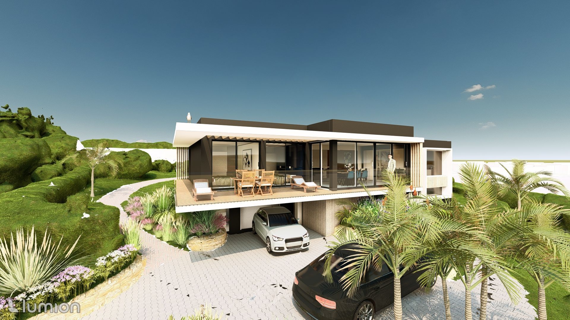 Maison de luxe moderne à flanc de colline avec façade vitrée, balcon, palmiers et parking en contrebas.
