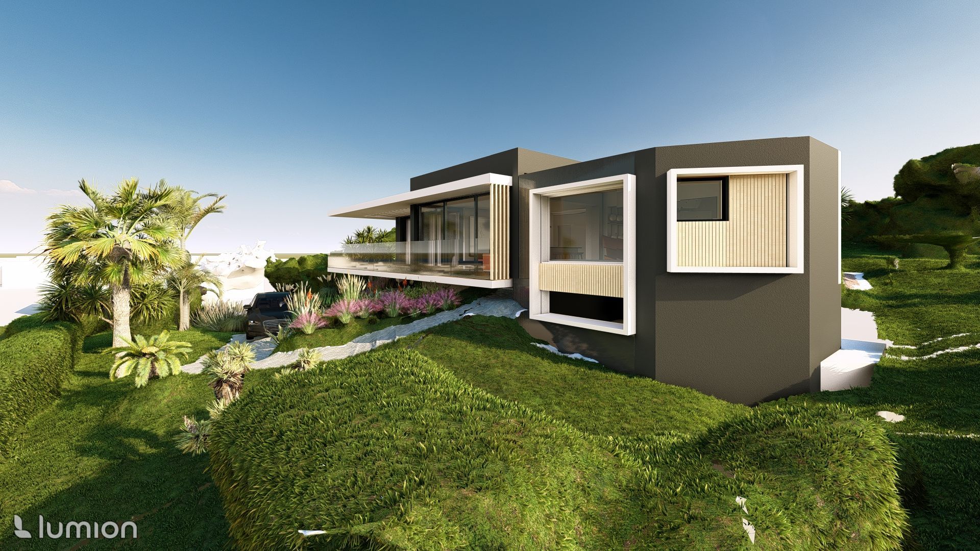 Maison moderne blanche et grise avec de grandes fenêtres sur une colline verdoyante.