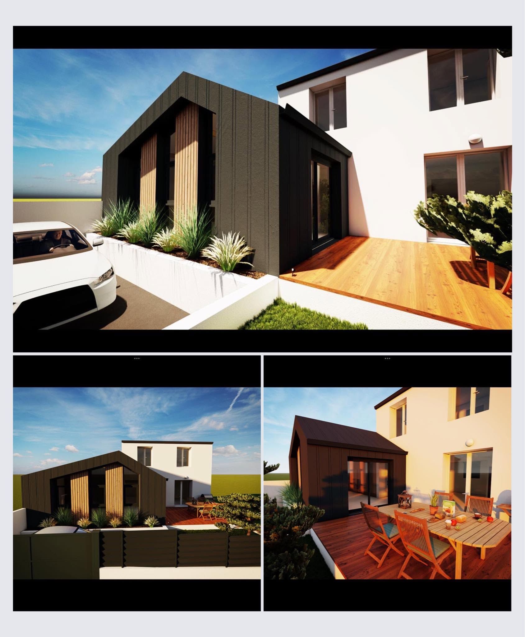 Extérieur de maison côtière moderne avec une façade en bois foncé, des murs blancs et une terrasse ensoleillée.