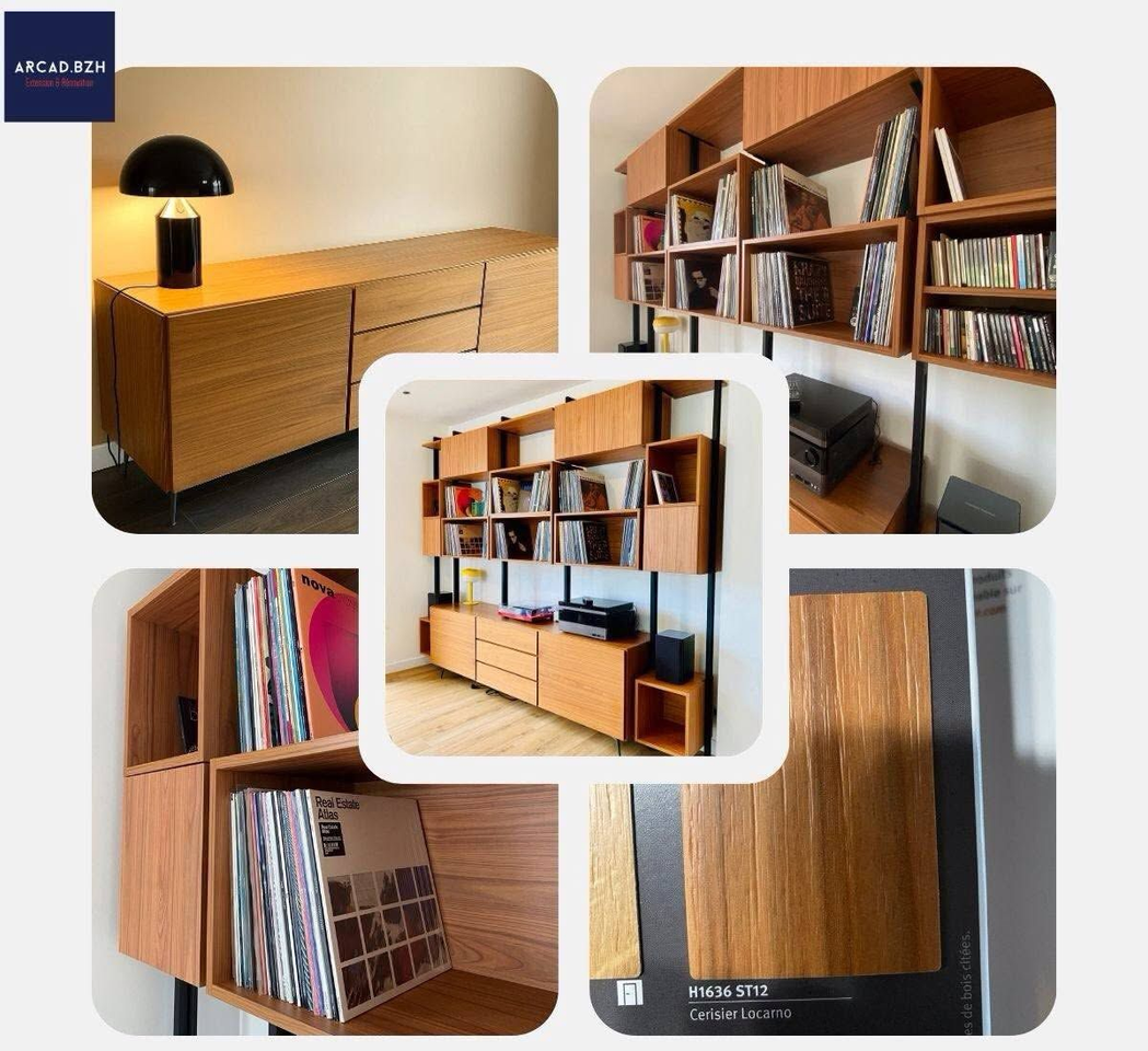 Collage de modèles d'étagères et d'armoires en bois, montrant des étagères, des tiroirs et des livres dans un intérieur chaleureux.