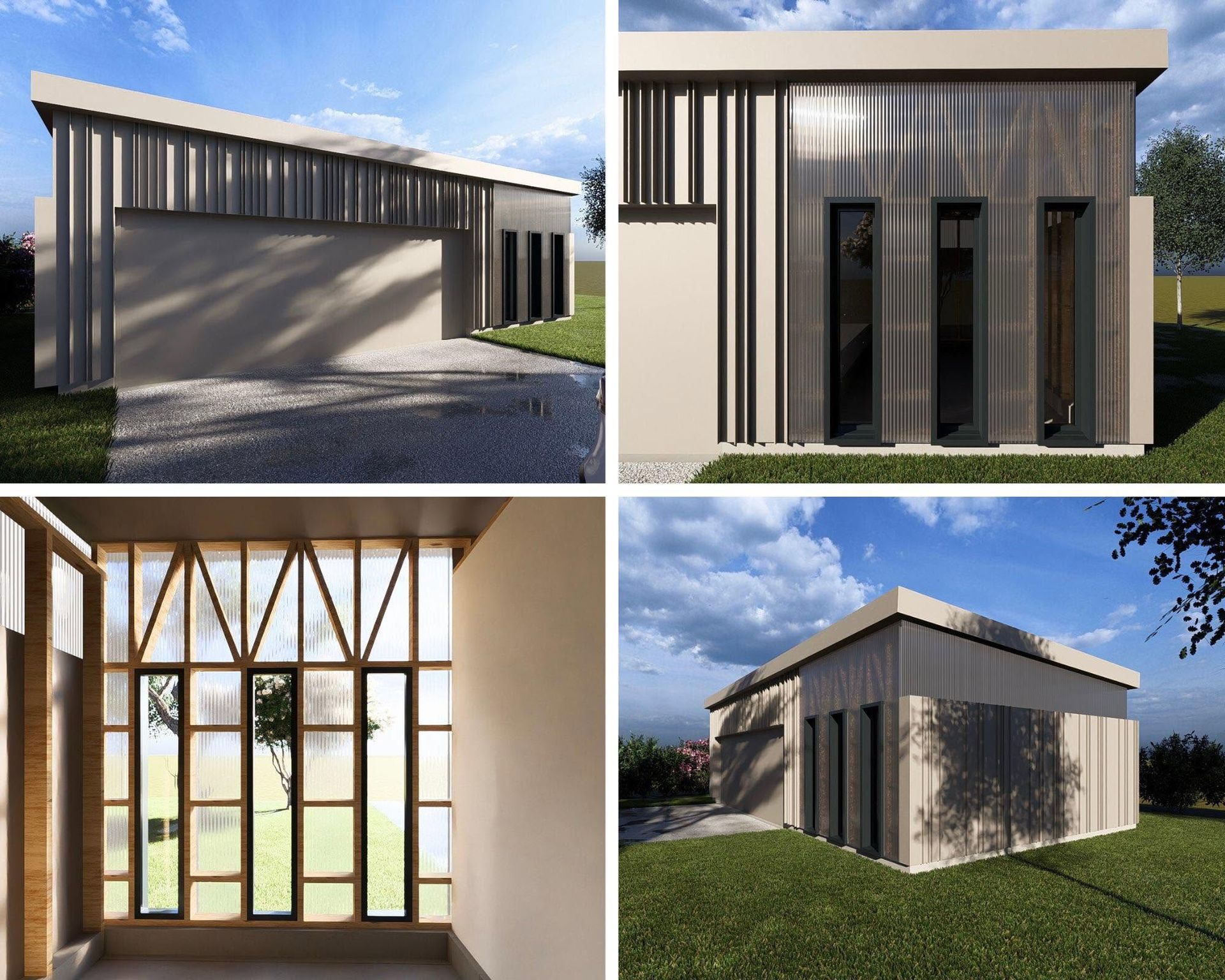 Maison minimaliste moderne avec des lattes de bois verticales et de grandes fenêtres, vues extérieure et intérieure.