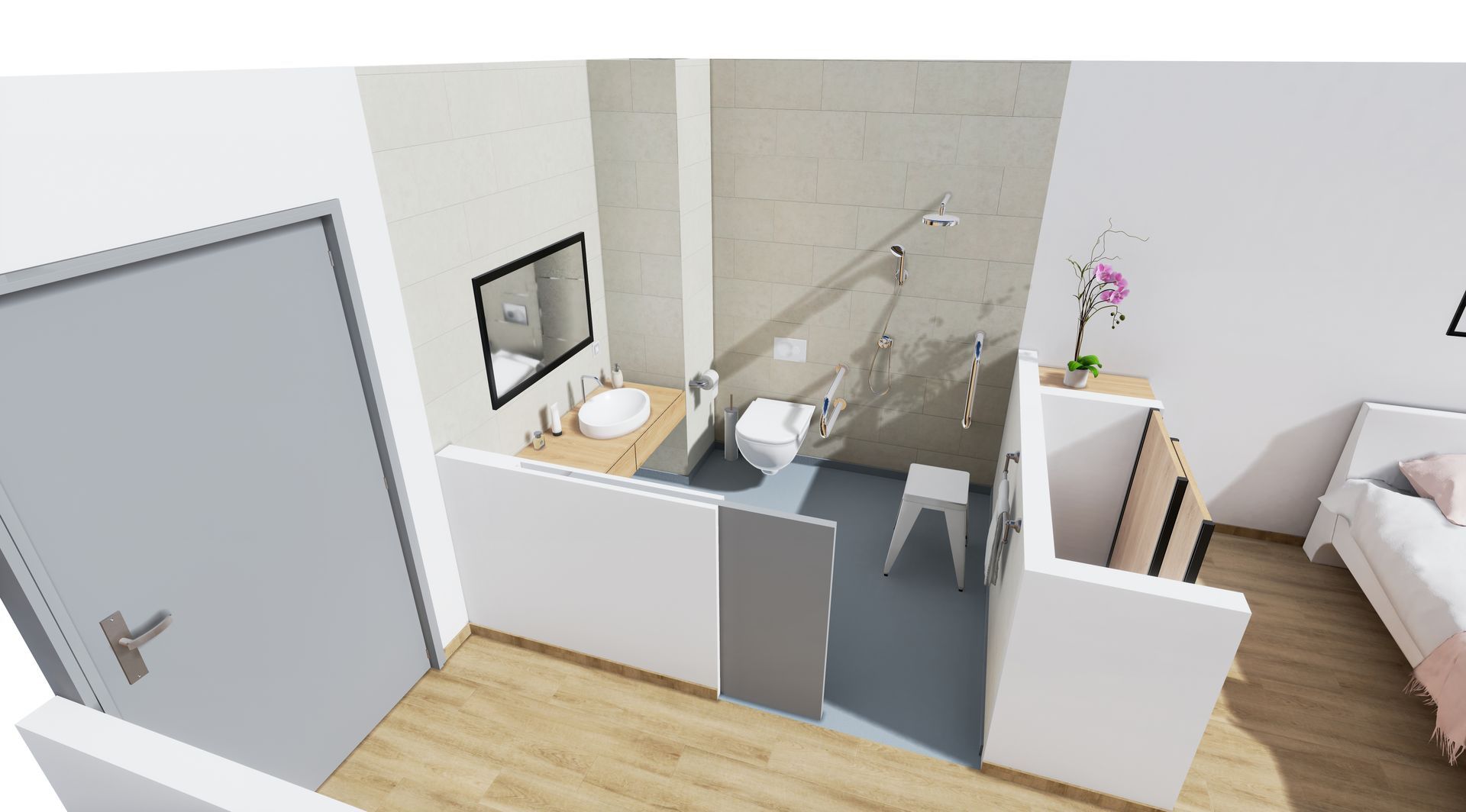Intérieur en 3d d'un petit appartement avec salle de bains, une porte grise et une chambre.