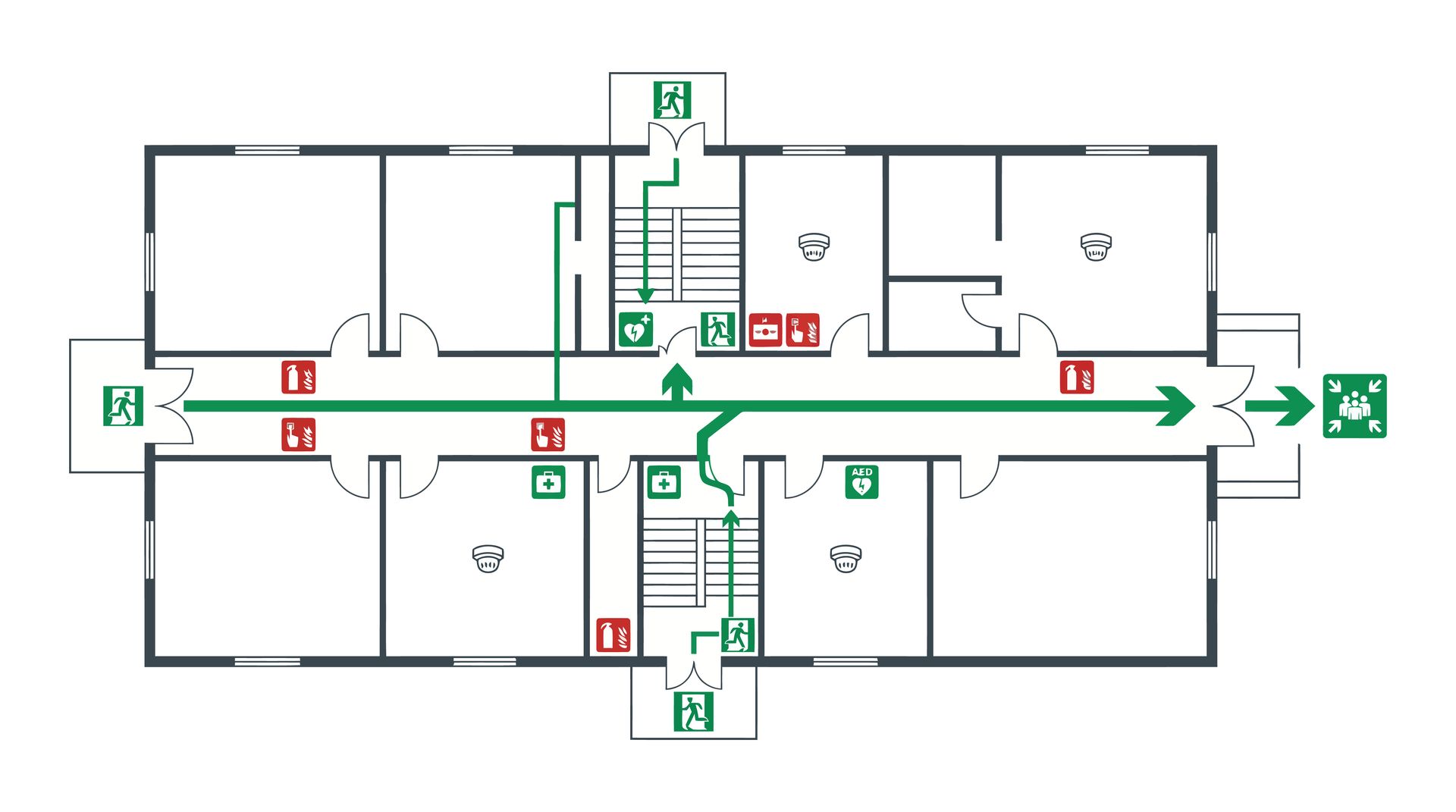 Plan d'étage avec flèches vertes indiquant les itinéraires d'évacuation et les panneaux de sortie dans l'agencement du bâtiment.