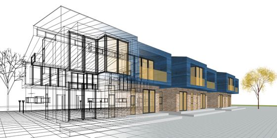 Représentation architecturale d'un bâtiment moderne de deux étages avec des façades bleues et beiges et des murs en verre.