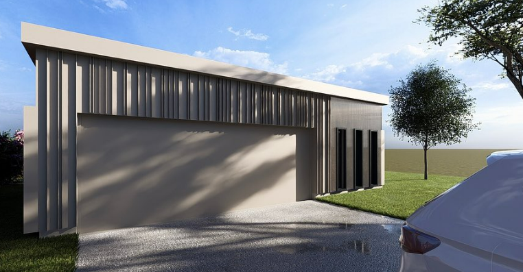 Extérieur de maison moderne avec une grande porte de garage,  des accents verticaux foncés, une allée et une voiture garée à droite.