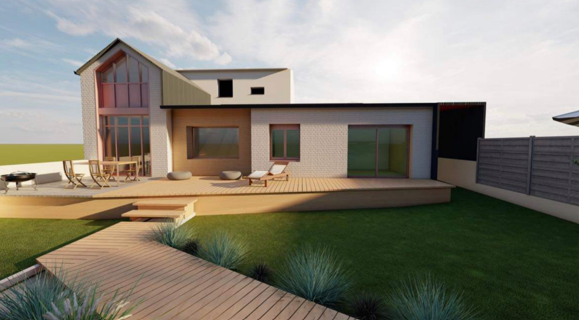 Maison moderne de plain-pied avec une entrée vitrée, une terrasse et un jardin paysager sous un ciel dégagé.