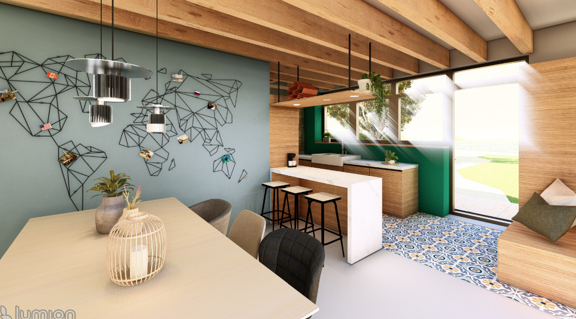 Salon moderne à aire ouverte avec une table à manger, un comptoir de bar, des poutres apparentes au plafond etune ouverture sur l'extérieur ensoleillé.