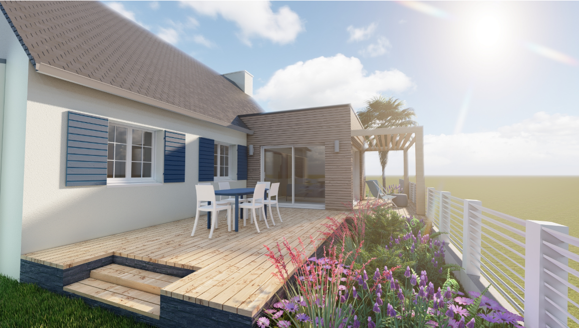 Patio d'une maison moderne avec des chaises blanches, des volets bleus, une terrasse en bois et un jardin fleuri offrant une vue imprenable sur l'eau.