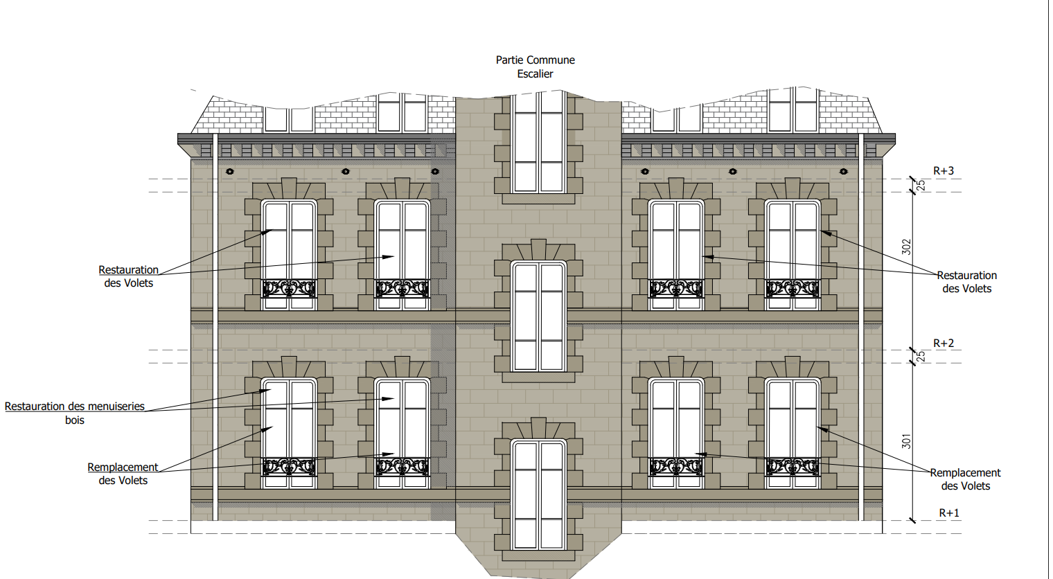 Plan d'élévation architecturale d'un bâtiment en briques à plusieurs étages, avec fenêtres et indications de dimensions.